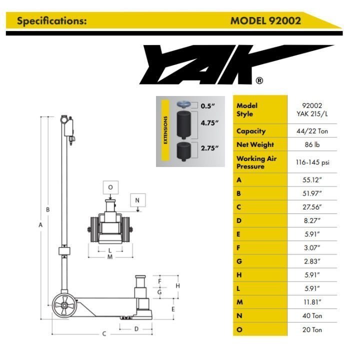 esco yak 22 44 ton long air hydraulic jack