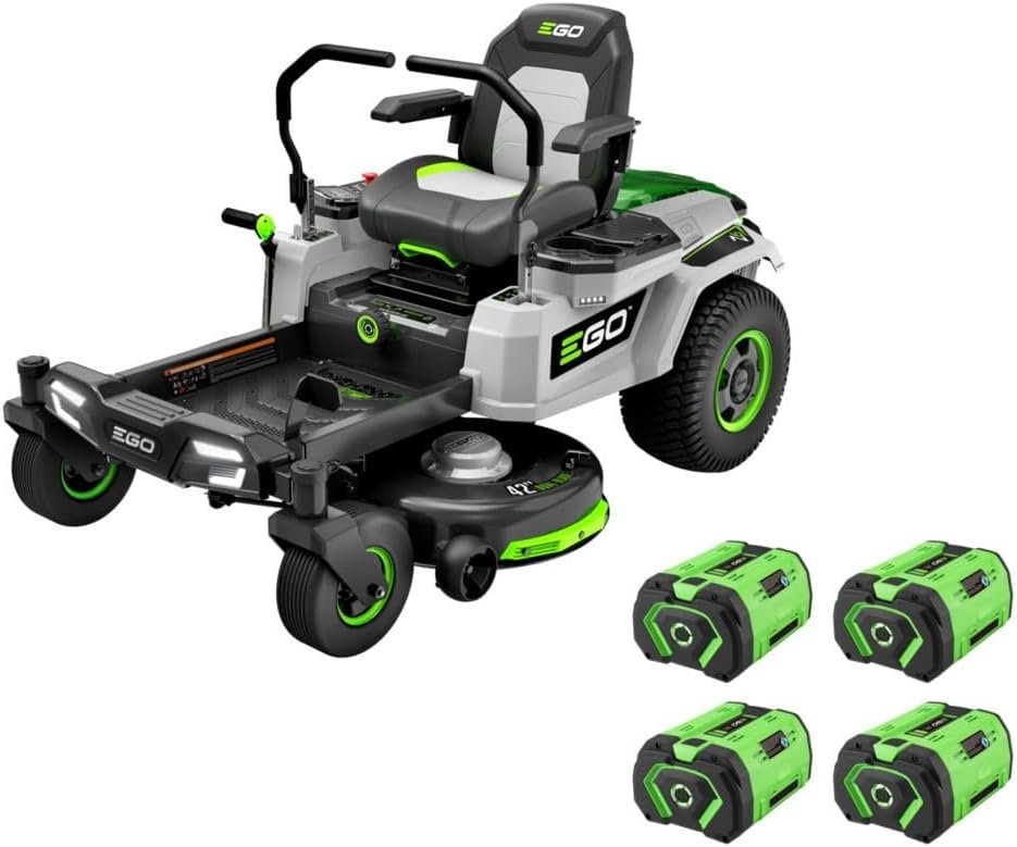 ego power+ electric riding lawn mower, 42″ deck with zero turn radius, includes (4) 56v 10.0ah batteries and charger zt4204l