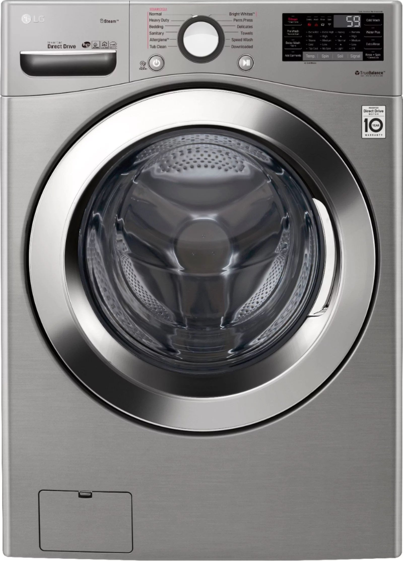 lg – 4.5 cu. ft. high efficiency stackable smart front load washer with steam and 6motion technology – graphite steel