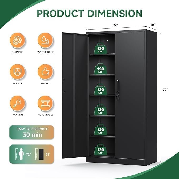 letaya metal garage storage cabinets with lock 72 tall tool organizer steel lockers, 5 adjustable layers shelves for home,office,warehouse,garage,(black 72“) | with lock, 72 tall, tool organizer
