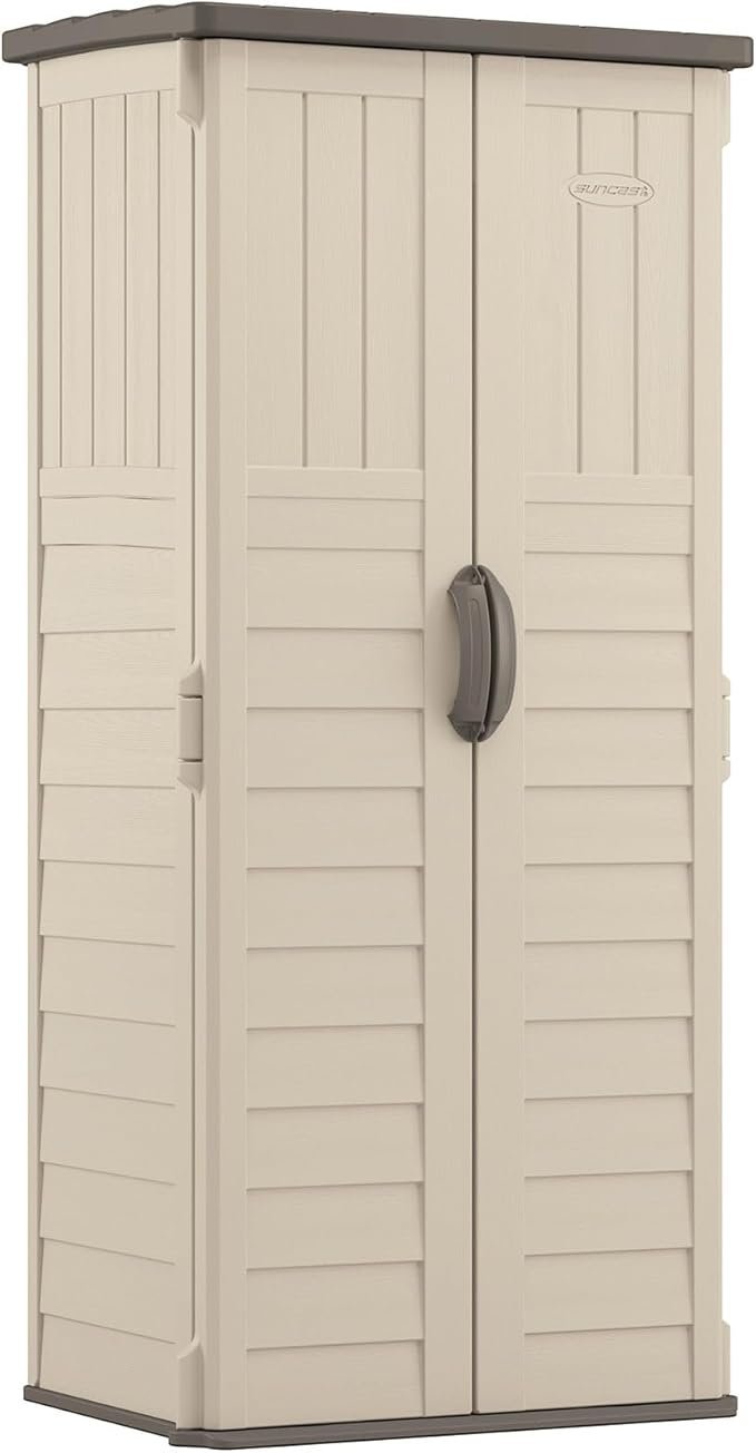 suncast vertical outdoor storage shed with all weather construction, vanilla