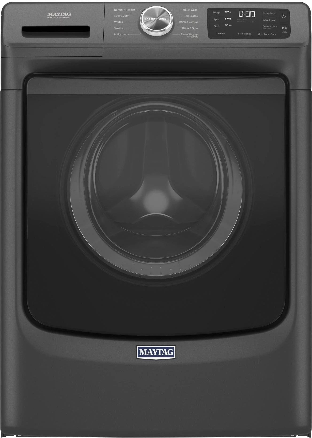 maytag – 4.5 cu. ft. high efficiency stackable front load washer with steam and extra power button – volcano black