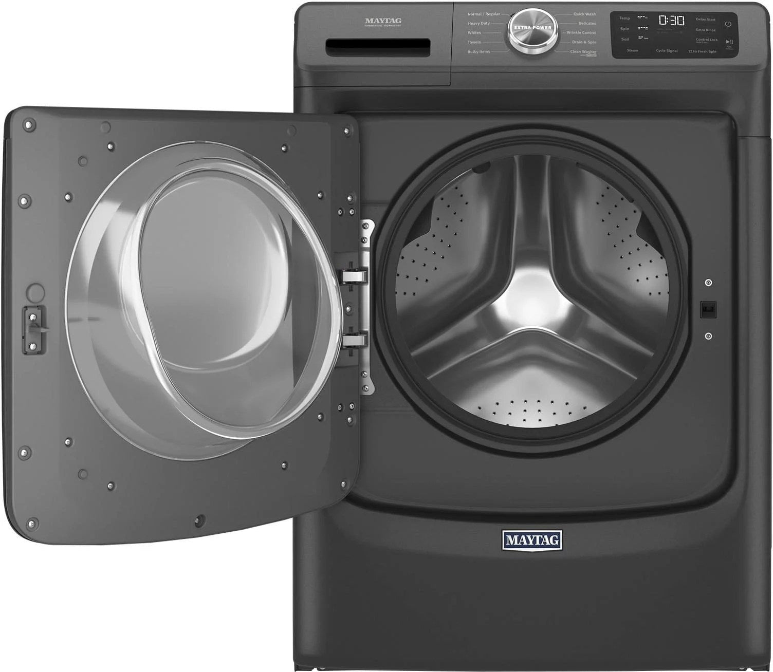 maytag – 4.5 cu. ft. high efficiency stackable front load washer with steam and extra power button – volcano black