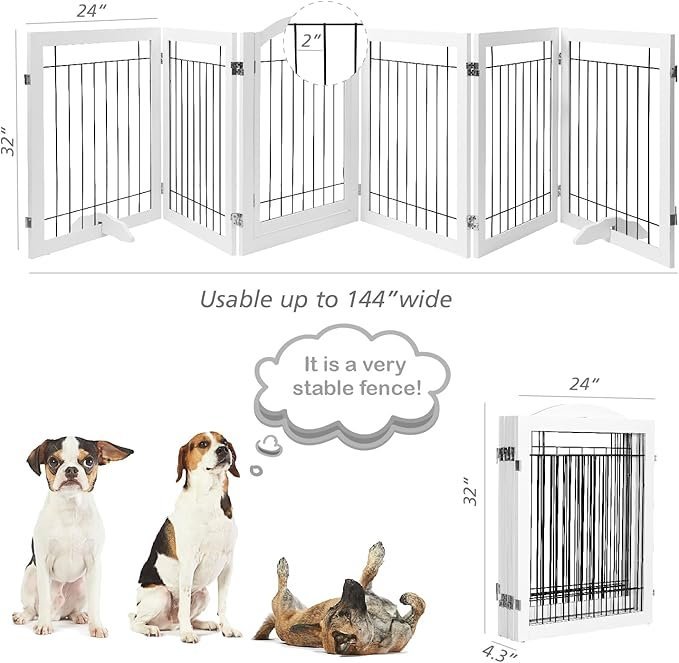 pawland 144 inch extra wide 30 inches tall dog gate with door walk through, freestanding wire pet gate for the house, doorway, stairs, pet puppy safety fence, support feet included, white,6 panels