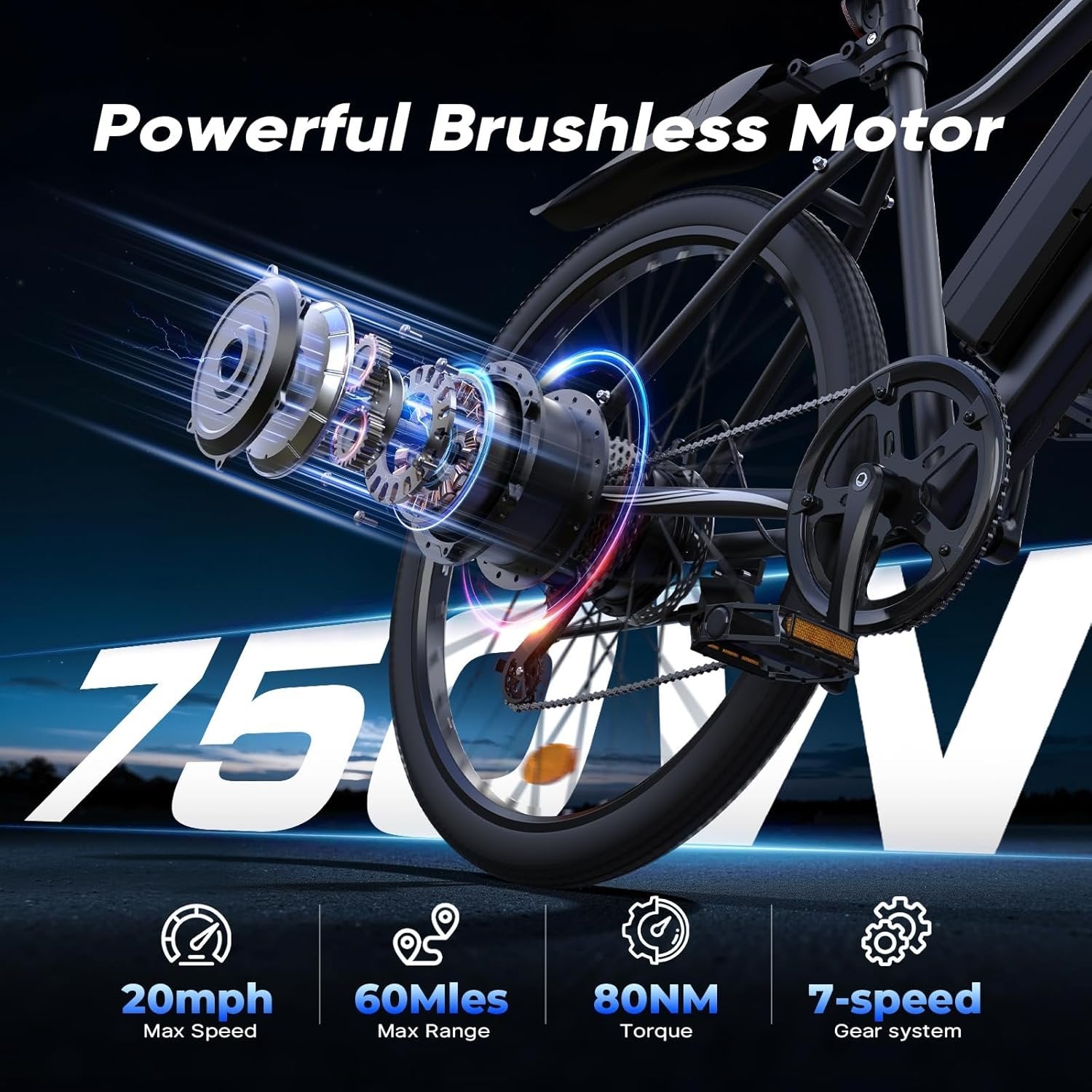 electric bike for adults, 750–1000w, 60 mile range, 20mph, 20″/26″ tires, mountain & commuting