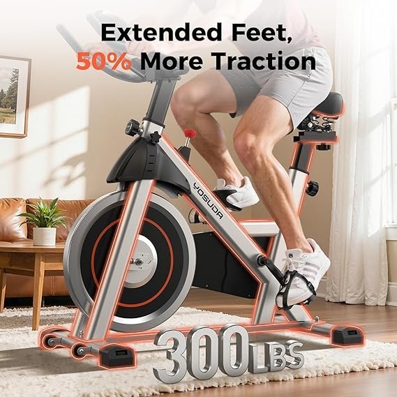 yosuda exercise bike, brake pad stationary bike for home with exclusive app, magnetic indoor cycling bike with 300 lb weight capacity, low noise, tablet holder and fitness courses for weight loss