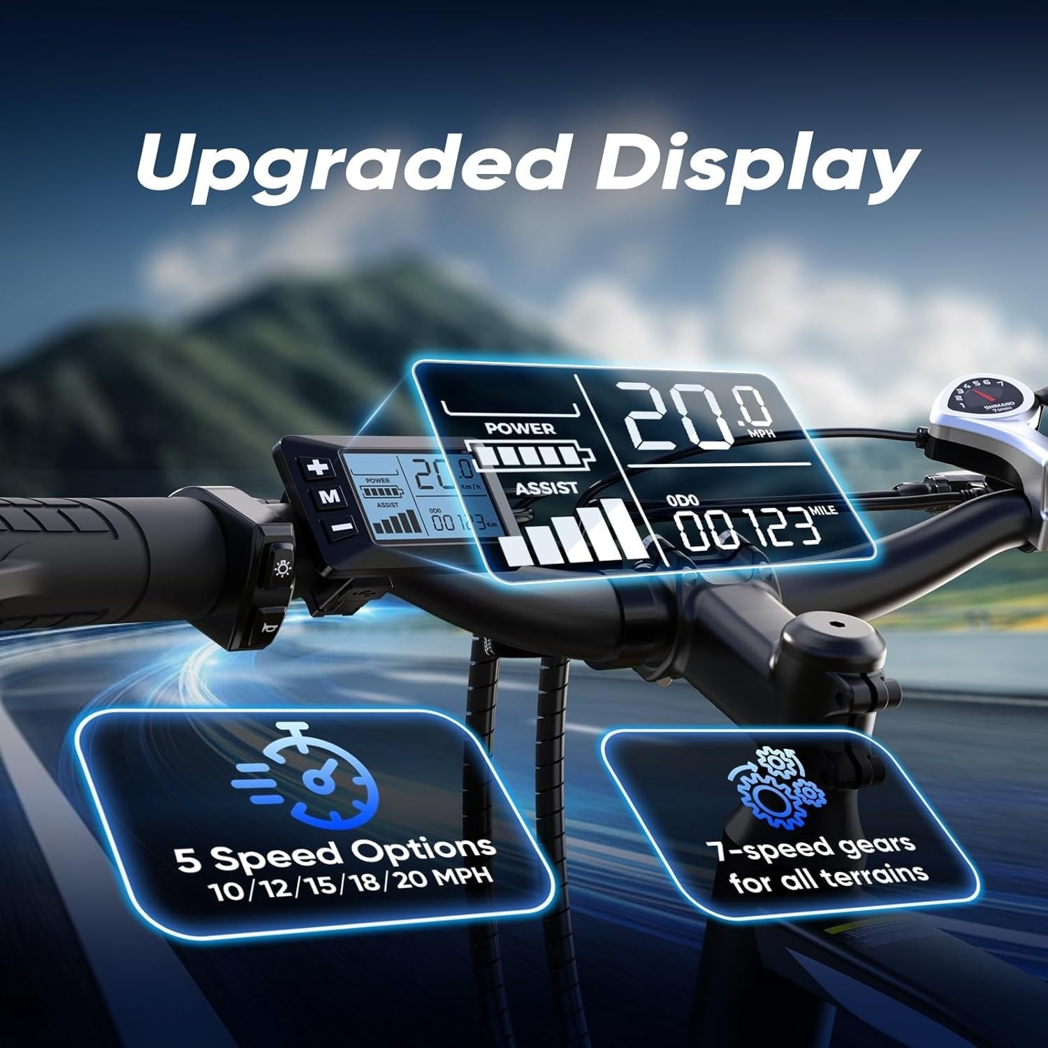 electric bike for adults, 750–1000w, 60 mile range, 20mph, 20″/26″ tires, mountain & commuting