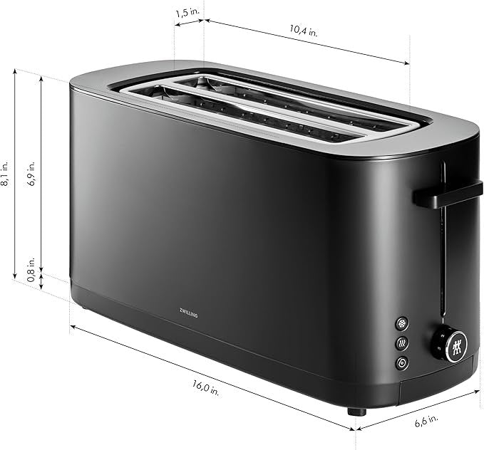 zwilling enfinigy, 4 slice long slot toaster, extra wide 1.5″ slots for bagels and toast, black
