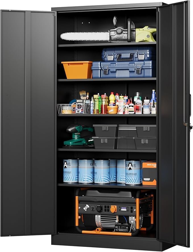 letaya metal garage storage cabinets with lock 72 tall tool organizer steel lockers, 5 adjustable layers shelves for home,office,warehouse,garage,(black 72“) | with lock, 72 tall, tool organizer