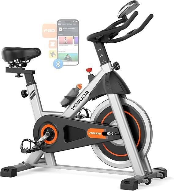 yosuda exercise bike, brake pad stationary bike for home with exclusive app, magnetic indoor cycling bike with 300 lb weight capacity, low noise, tablet holder and fitness courses for weight loss