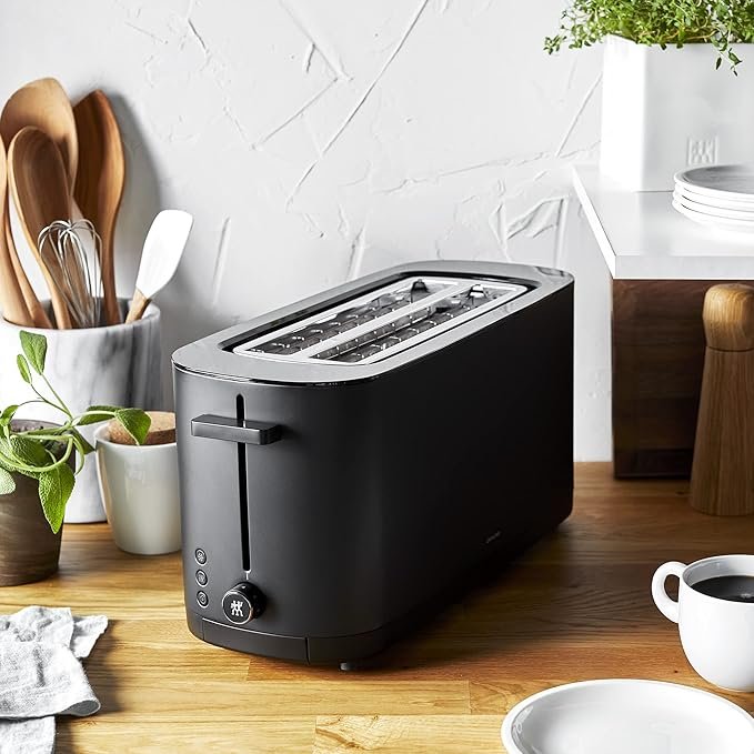 zwilling enfinigy, 4 slice long slot toaster, extra wide 1.5″ slots for bagels and toast, black