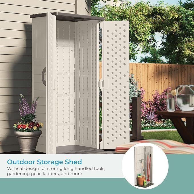 suncast vertical outdoor storage shed with all weather construction, vanilla
