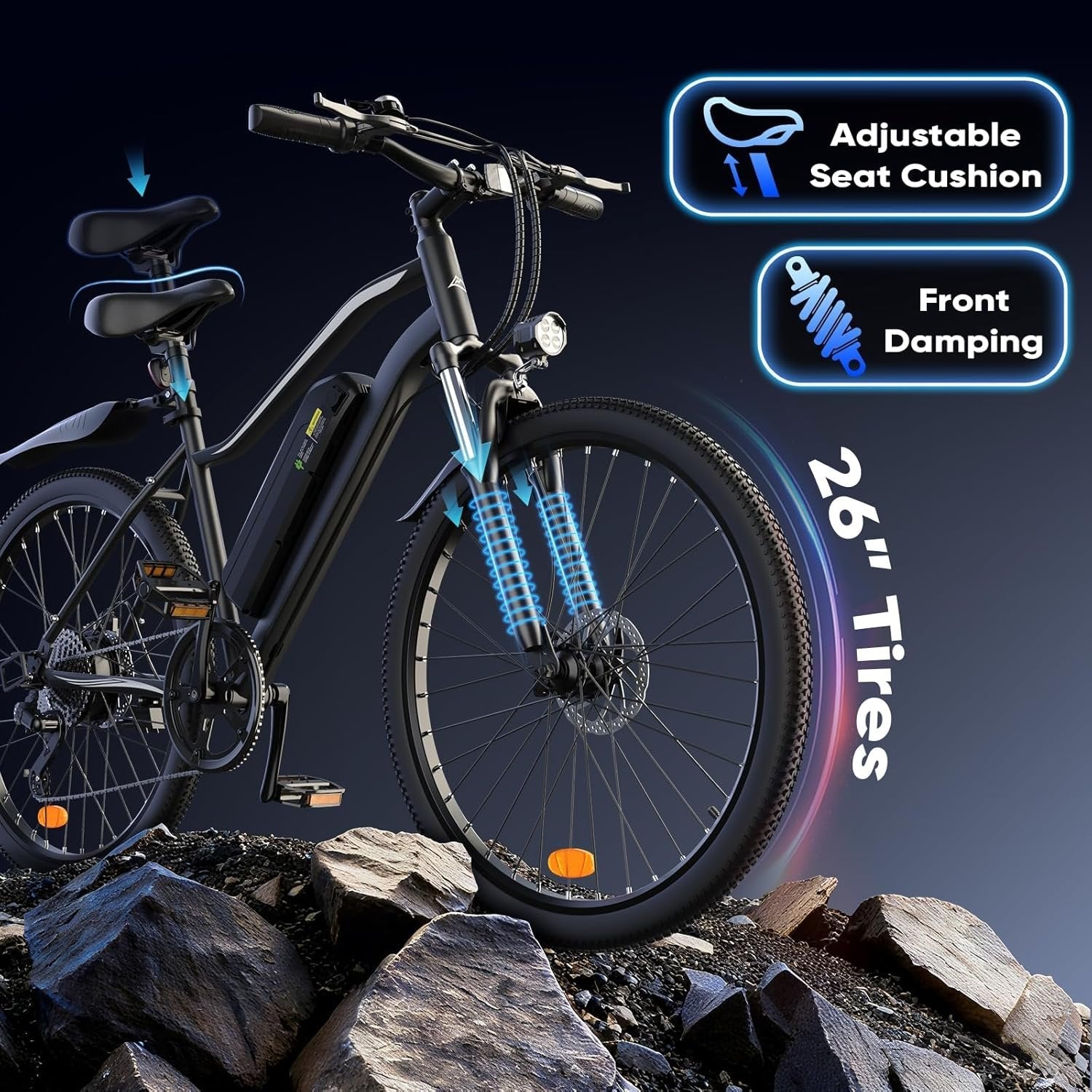 electric bike for adults, 750–1000w, 60 mile range, 20mph, 20″/26″ tires, mountain & commuting