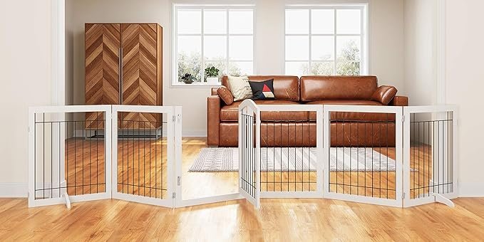 pawland 144 inch extra wide 30 inches tall dog gate with door walk through, freestanding wire pet gate for the house, doorway, stairs, pet puppy safety fence, support feet included, white,6 panels