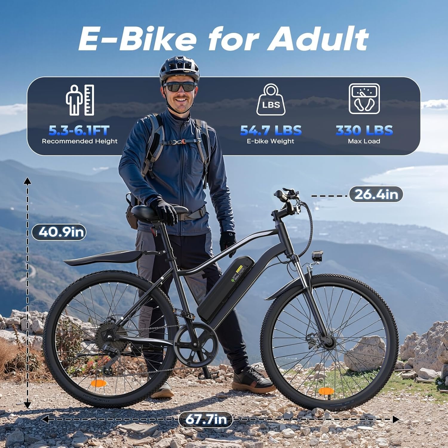 electric bike for adults, 750–1000w, 60 mile range, 20mph, 20″/26″ tires, mountain & commuting