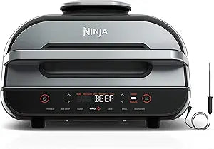 ninja | indoor grill and air fryer| foodi smart xl | 6 in 1 grill, air fry, roast, bake, broil, dehydrate & crisp |smart thermometer & splatter shield | dishwasher safe parts | black/silver | fg551