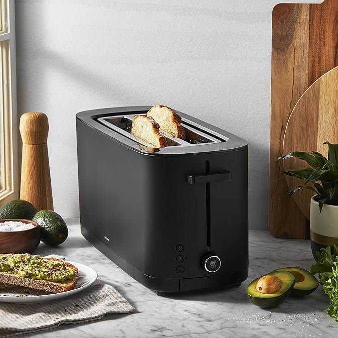 zwilling enfinigy, 4 slice long slot toaster, extra wide 1.5″ slots for bagels and toast, black
