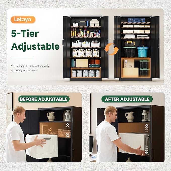 letaya metal garage storage cabinets with lock 72 tall tool organizer steel lockers, 5 adjustable layers shelves for home,office,warehouse,garage,(black 72“) | with lock, 72 tall, tool organizer
