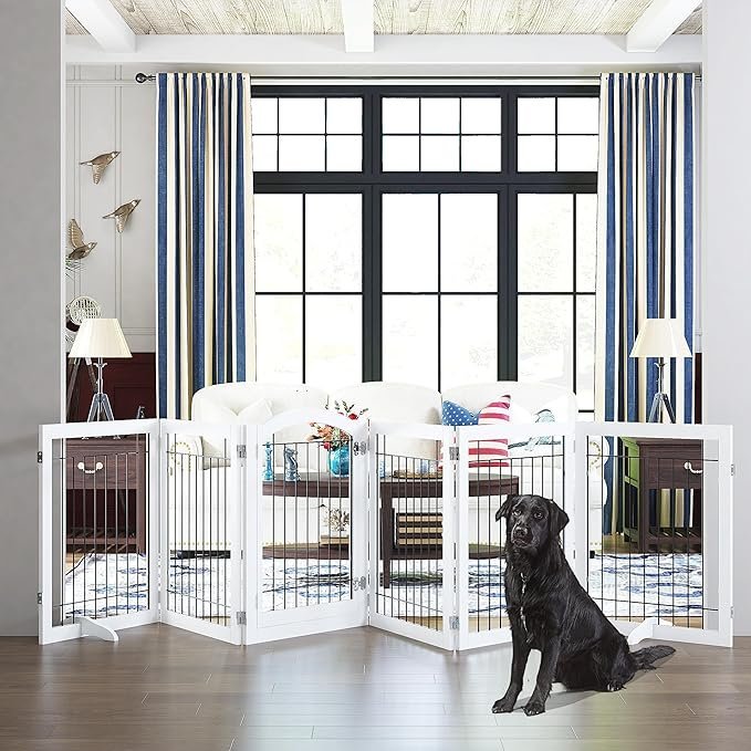 pawland 144 inch extra wide 30 inches tall dog gate with door walk through, freestanding wire pet gate for the house, doorway, stairs, pet puppy safety fence, support feet included, white,6 panels