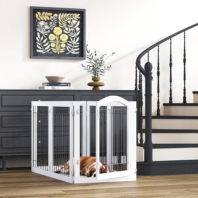 pawland 144 inch extra wide 30 inches tall dog gate with door walk through, freestanding wire pet gate for the house, doorway, stairs, pet puppy safety fence, support feet included, white,6 panels