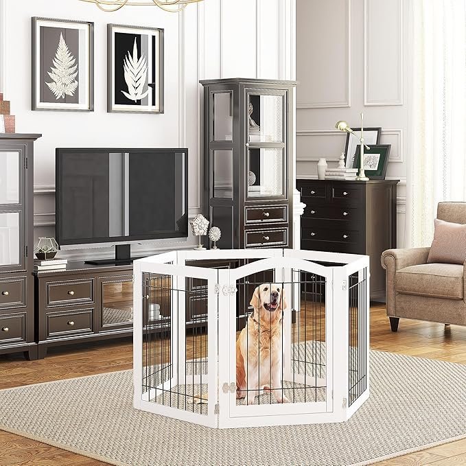 pawland 144 inch extra wide 30 inches tall dog gate with door walk through, freestanding wire pet gate for the house, doorway, stairs, pet puppy safety fence, support feet included, white,6 panels