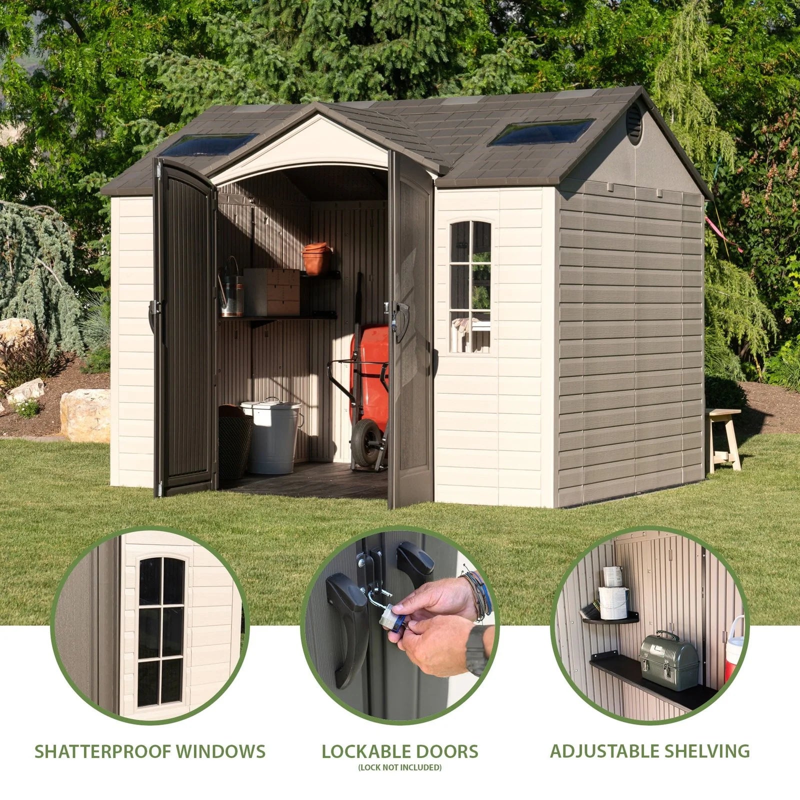 lifetime lockable polyethylene outdoor storage shed, 10′ x 8′, tan & browns (60005)