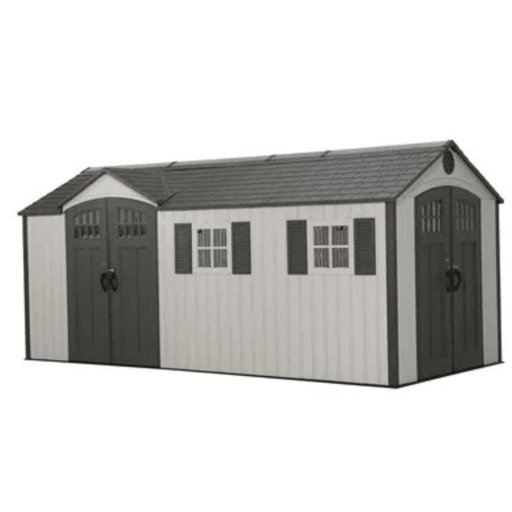 lifetime 8′ x 17.5′ outdoor storage shed dual entry, tan