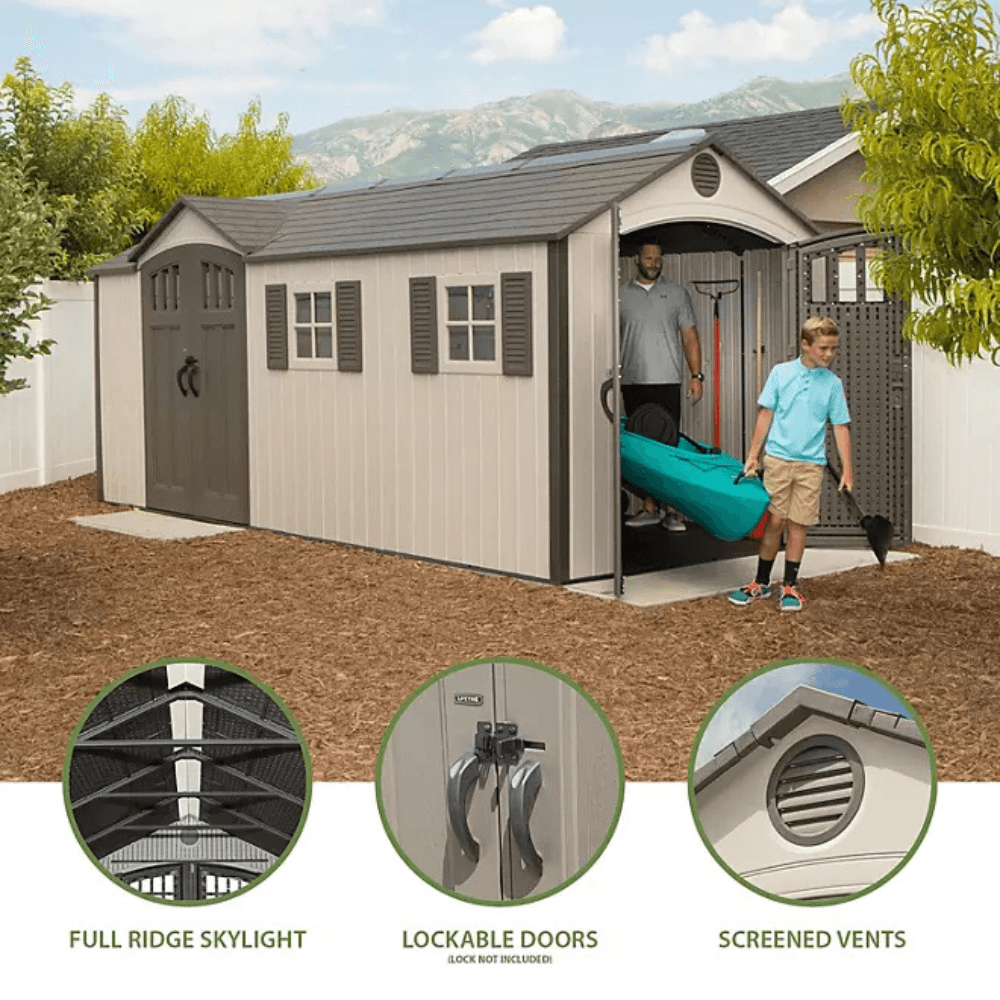 lifetime 8′ x 17.5′ outdoor storage shed dual entry, tan