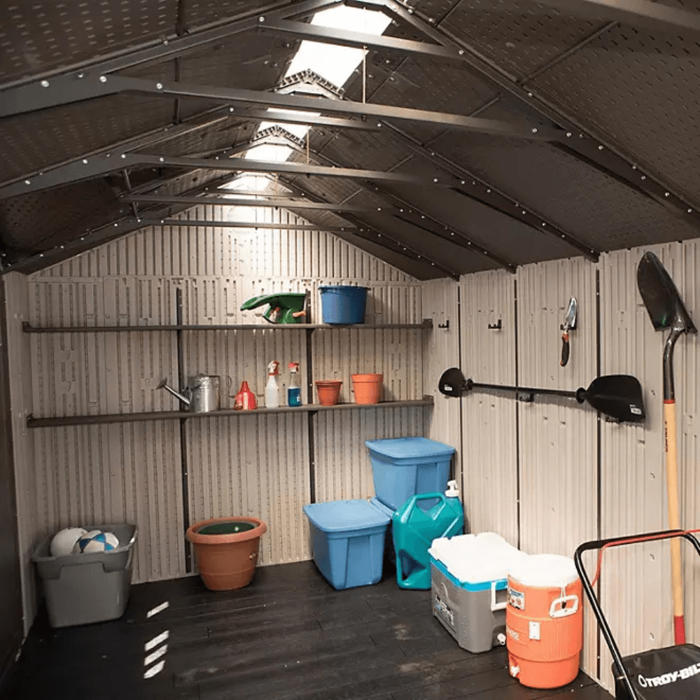 lifetime 8′ x 17.5′ outdoor storage shed dual entry, tan