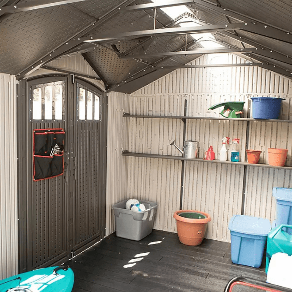 lifetime 8′ x 17.5′ outdoor storage shed dual entry, tan