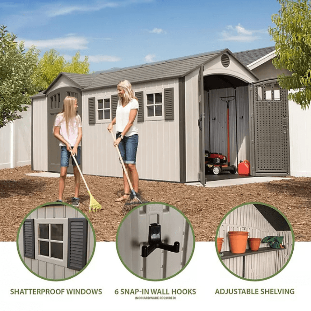 lifetime 8′ x 17.5′ outdoor storage shed dual entry, tan