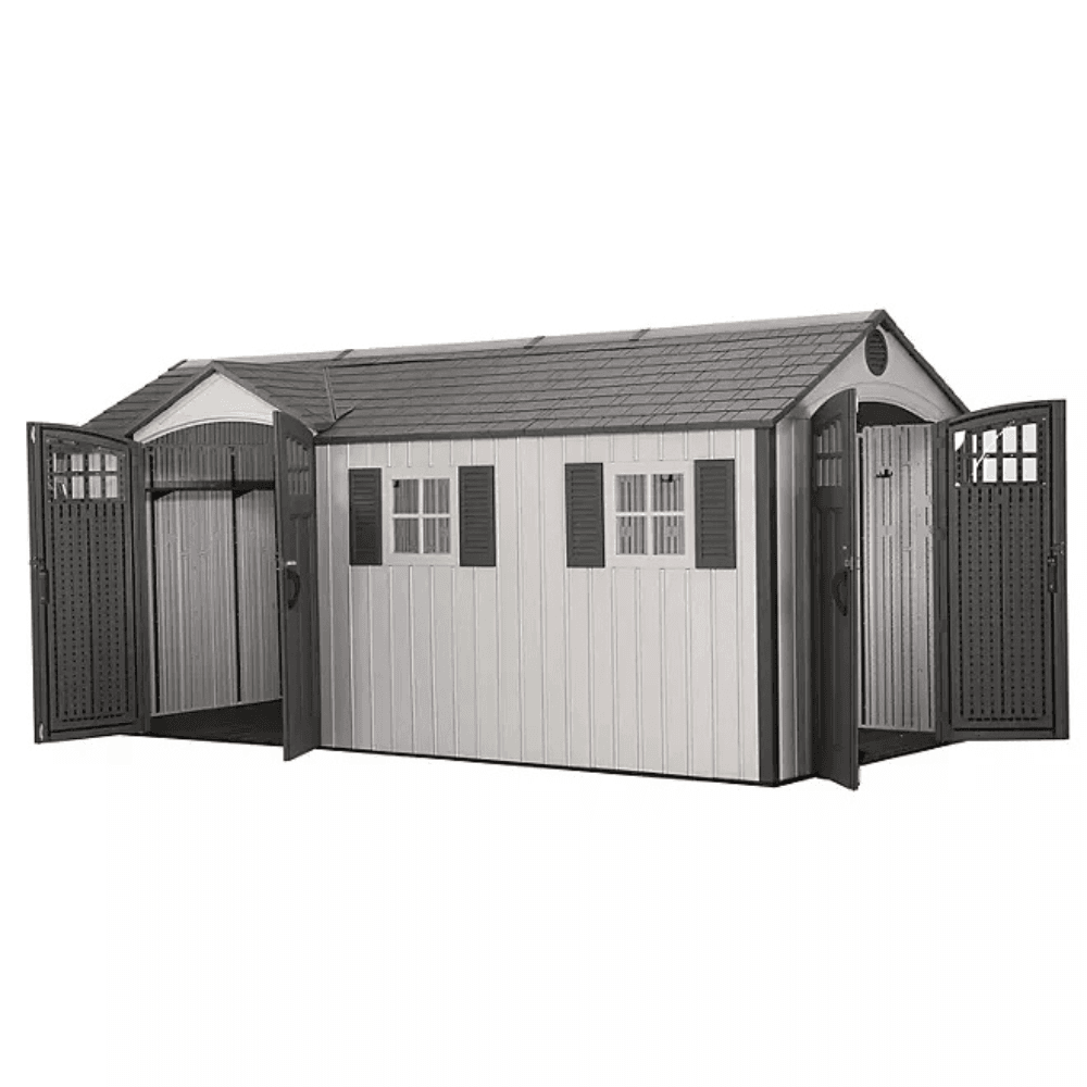 lifetime 8′ x 17.5′ outdoor storage shed dual entry, tan