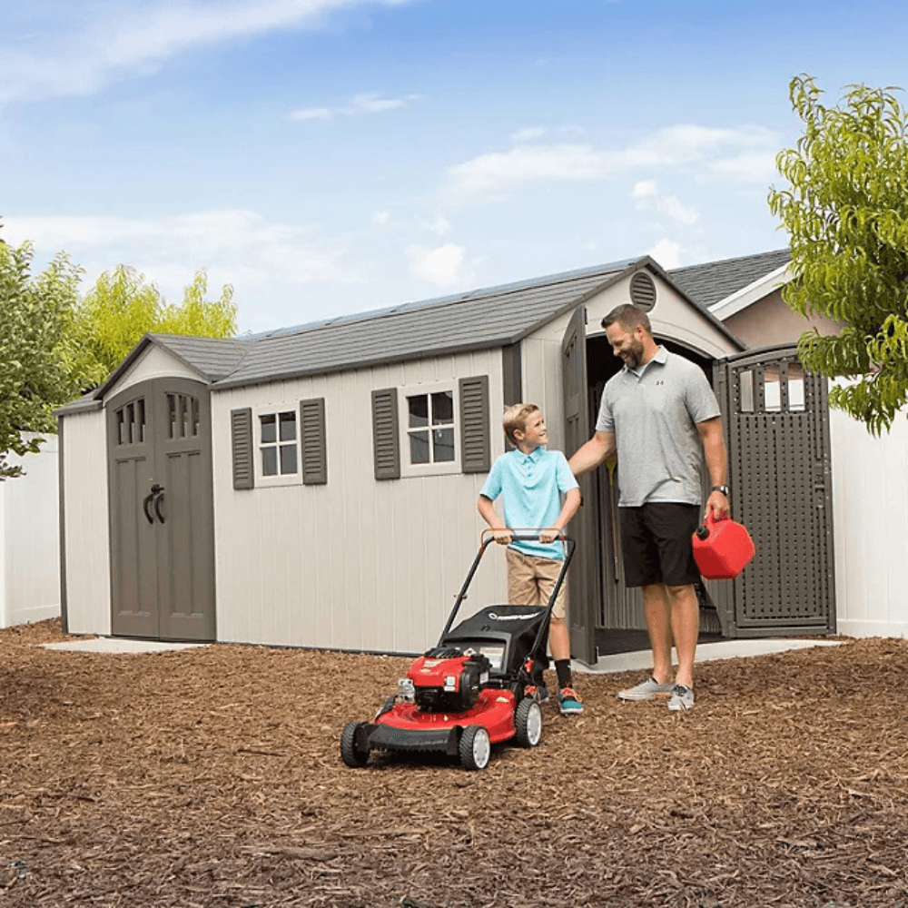 lifetime 8′ x 17.5′ outdoor storage shed dual entry, tan