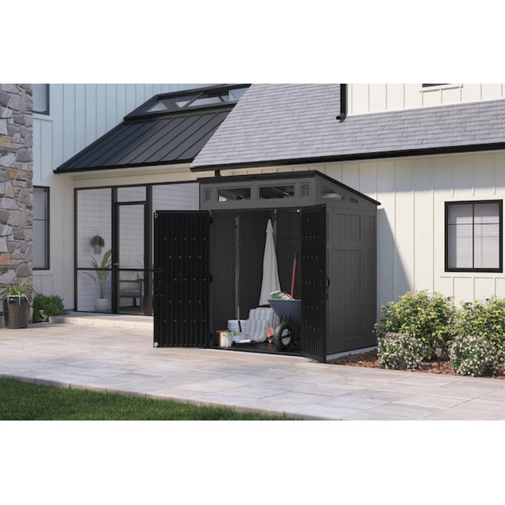 suncast 6 feet x 4 feet modernist lean to resin storage shed (floor included) in gray | bms6583t