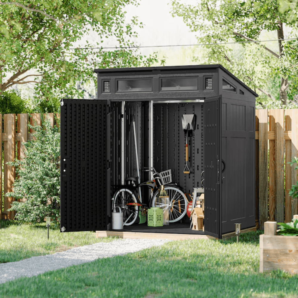 suncast 6 feet x 4 feet modernist lean to resin storage shed (floor included) in gray | bms6583t