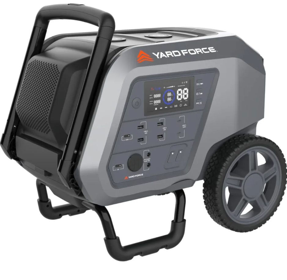 yard force portable power station 2400 watt continuous 4800 watt peak, bluetooth speaker, wifi connection, wireless charging, rv 30a plug, led light